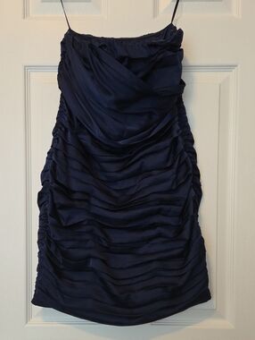 Express Navy Strapless Ruched Satin Cocktail Dress